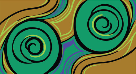 A groovy and retro abstract background featuring hand-drawn psychedelic swirls, spirals, and flowing waves in a vibrant, earthy color palette of green, gold, and lime.