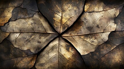 Autumn leaves in star pattern forming abstract design with detailed veins