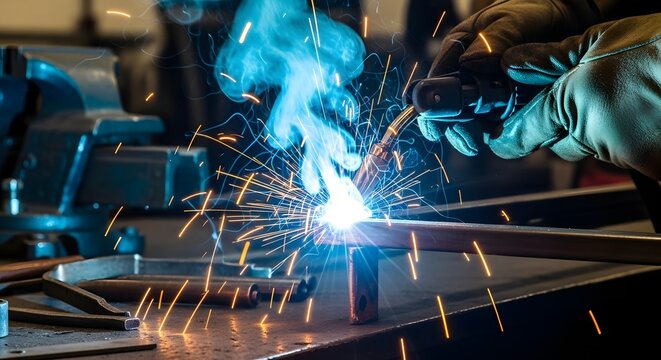 Industrial metal welding process with sparks and protective equipment in workshop setting