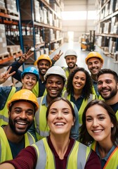 Diverse team of warehouse workers taking a selfie in an industrial storage facility