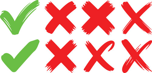 Two green check marks and six red crosses on a white background vector illustration