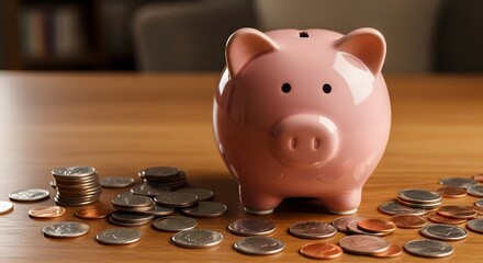 Piggy bank with coins on table - financial savings and budgeting concept for personal finance education