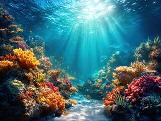 Naklejka premium Sunbeams pierce through the crystal clear turquoise water illuminating a vibrant coral reef teeming with colorful marine life and aquatic plants.