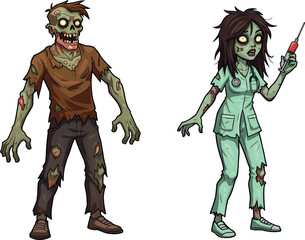 Fototapeta premium Cartoon zombie nurse character with syringe, creepy undead female doctor, scary male zombie monster, horror Halloween illustration, spooky fantasy design, cad drawing flat vector illustration