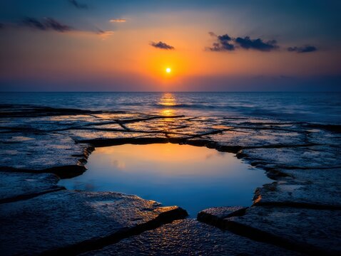 The sun sets over the ocean reflecting in a small pool of water trapped in a rocky outcrop with vivid color and striking composition. - Powered by Adobe