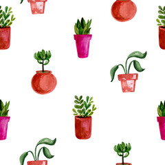 Seamless watercolor flower pot pattern with hand-painted colorful potted plants and blossoms, charming botanical design, repeating background perfect for fabric, wrapping paper, stationery or digital 