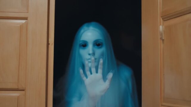 A blurry ghost figure with a hand pressed against a dark surface near a wooden door frame halloween ghost video