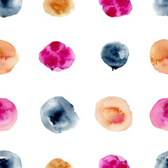 Seamless bright watercolor circle pattern with vivid hand-painted colorful dots, artistic abstract round shapes, modern playful design for kids, repeating background for fabric, wrapping or digital us