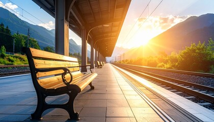 Peaceful train station at sunrise with wooden bench, curving tracks, and golden light over forested hills.