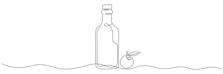 Continuous one-line drawing of olive oil in a glass bottle, vector illustration. Olive oil in continuous line drawing style. Editable line