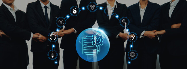 Professional business team in suits stands together, illustrated by digital technology icons symbolizing data security, collaboration, innovation, and professional growth. Trope