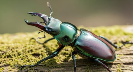 A vibrant stag beetle with green and red hues, perched on a mossy log with a blurred green background.
