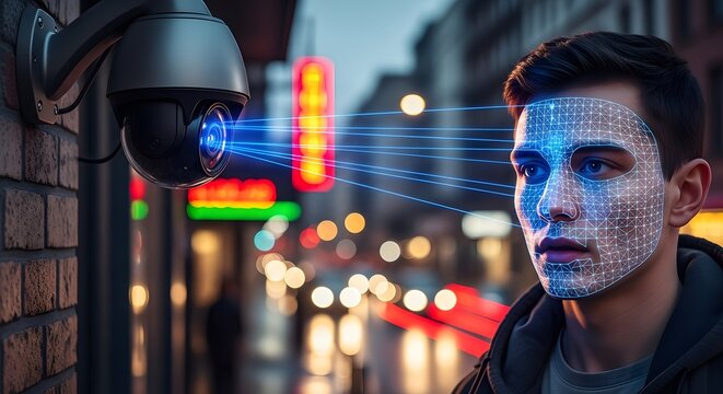Advanced facial recognition technology and security surveillance in urban night scene