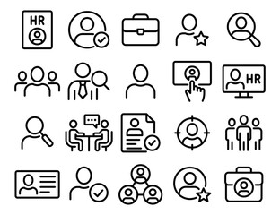 A collection of icons for HR, including a person with a magnifying glass, a person with a pen, and a person with a computer. Vector. Editable Stroke.