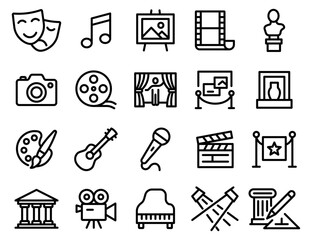 A black and white image of a camera, microphone, and other movie related icons. Concept of a movie set or a recording studio. Vector. Editable Stroke.