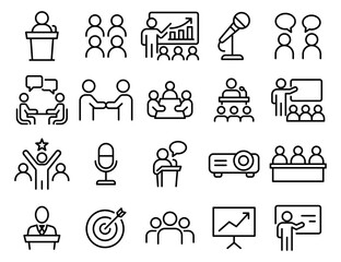 A collection of icons depicting various office and meeting room scenes. The icons include a microphone, a podium, a chair. Vector. Editable Stroke.