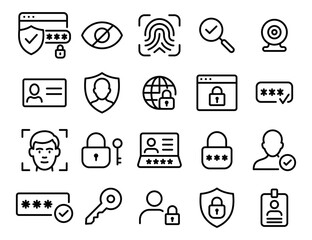 A set of icons for security and identification. The icons include a key, a camera, a person, and a globe. Vector. Editable Stroke.