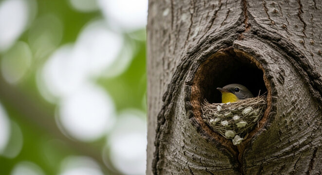 A prothonotary warbler is nesting in a tree cavity, the bird is sitting in its nest, looking out of the hole in the tree trunk in the forest