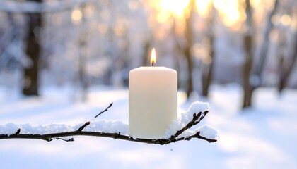 Lit white candle on snowy branch against a blurred winter scene
