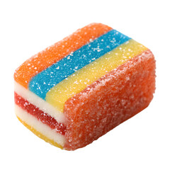Close up of a sour gummy candy bar with rainbow stripes and sugar coating sour candy colorful