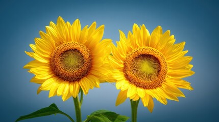 Obraz premium Two vibrant sunflowers are brightly illuminated, their golden petals radiating against a soft, blurred background of serene blue sky tones.