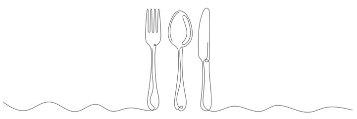 Continuous single line drawing of cutlery. Editable line, Restaurant logo. Vector illustration.