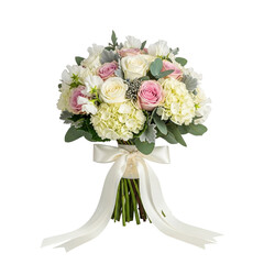 Beautiful wedding bouquet with white ribbon isolated on transparent background