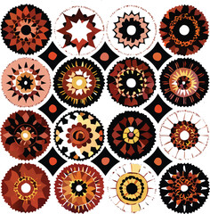 Geometric Arrangement of Ornamental Circular Patterns in Warm Earth Tones on a White Background