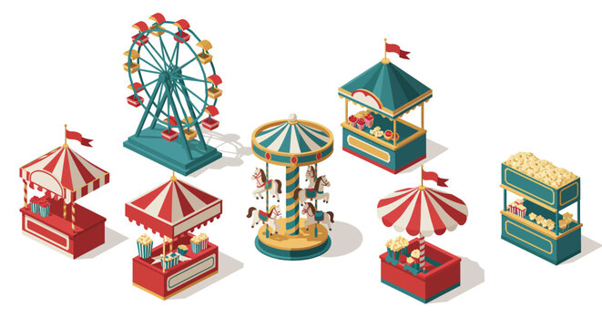Isometric carnival fun: ferris wheel, carousel, and popcorn stands