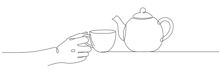 Continuous one-line drawing of a cup in hand, teapot. Continuous line drawing, vector illustration. Editable line
