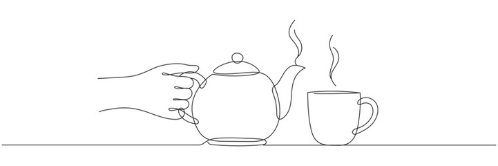 Continuous single line drawing of a teapot in a hand, a cup. Continuous line drawing, vector illustration. Editable line.