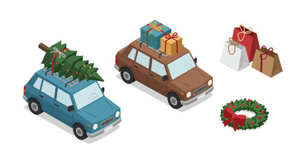 Isometric christmas cars with gifts and tree for holiday season travel