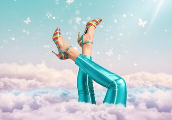 Whimsical Fashion Fantasy | Surreal Legs in Pink Cloud Dreamscape, fashion concept