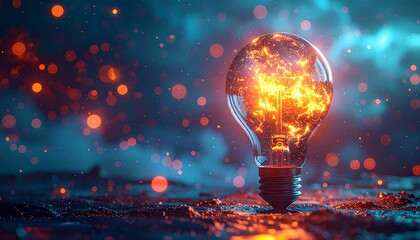 Illuminated glass bulb with fiery core against bokeh background