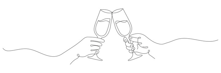 Continuous line drawing of champagne in hands. Hands raising glasses of wine and drinks. Vector illustration. Reflexive hand stroke.