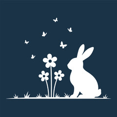Rabbit with flowers and butterflies, white silhouette vector, peaceful nature scene, dark blue background, minimal animal art, outdoor wildlife illustration