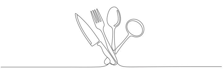 Continuous one-line drawing of kitchen appliances. Restaurant logo. Vector illustration. Editable line
