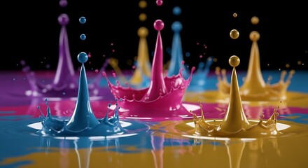 Colorful paint drops colliding in midair, creating dynamic splash and crown shapes, showcasing the beauty of fluid dynamics and vibrant color mixing