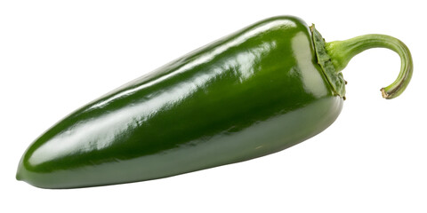 Glossy green jalapeno pepper with curved stem on black background chili vegetable