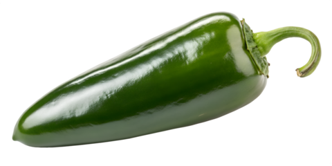 Glossy green jalapeno pepper with curved stem on black background chili vegetable