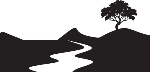 Obraz premium Black silhouette of a winding path through hills with a tree