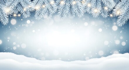 Sparkling winter wonderland with snow covered pine branches and soft bokeh lights creating a festive holiday background