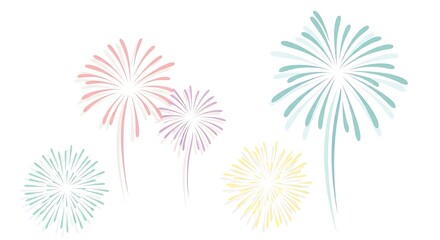 Colorful abstract fireworks bursting in the night sky with a white background