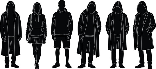 Urban fashion silhouettes, diverse clothing styles, hoodie, coat, skirt, pants, shorts, character design, streetwear, posture, black figure, minimal