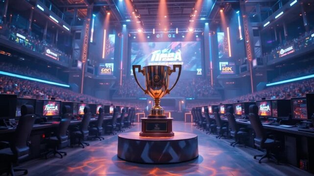 The eSports winner's trophy stands on a stage in the center of a computer video game championship arena. Two rows of PCs for the competing teams. 4k video
