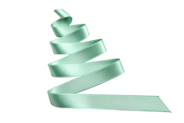 Mint green satin ribbon curled in a spiral against black background teal