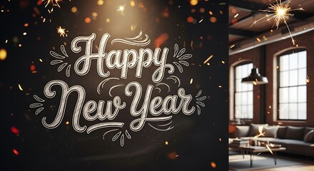 Happy new year festive chalk art lettering with bokeh lights and cozy interior background