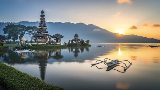 Traditional tiered buildings by a serene lake reflecting the morning light with outrigger boats and mountains in the distance
