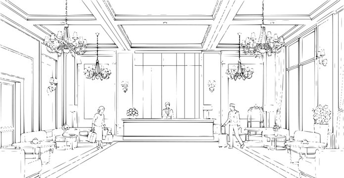 Minimalist outline of a luxury hotel lobby with reception desk vector illustration.

