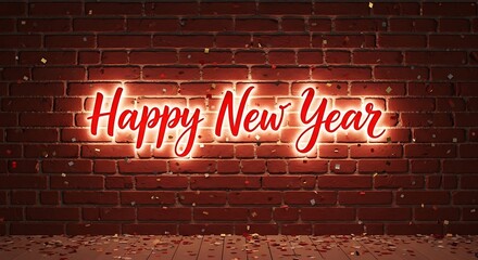 Bright red neon sign saying happy new year against a rustic brick wall background